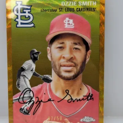 Sale Photo Thumbnail #873: Topps Chrome Ozzie Smith St. Louis Cardinals gold wave refractor baseball card, numbered 07/50.