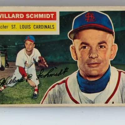 Sale Photo Thumbnail #564: 1956 Topps Willard Schmidt #86 baseball card featuring the St. Louis Cardinals pitcher.
