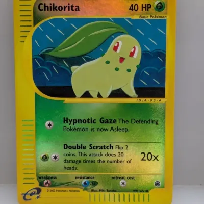 Sale Photo Thumbnail #376: 2002 Pokémon Chikorita reverse foil trading card from the Expedition Base Set, numbered 99/165.