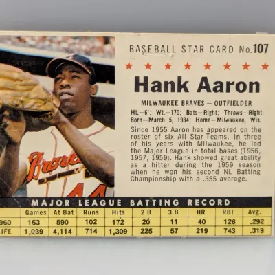 Sale Photo Thumbnail #771: Vintage 1961 Post Cereal Hank Aaron Baseball Star Card #107 featuring player stats and biography.