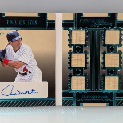 Sale Photo Thumbnail #219: Leaf History Book Sports Edition Paul Molitor autographed booklet trading card featuring six game-used bat relic swatches.