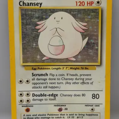 Sale Photo Thumbnail #170: 1999 Pokémon Base Set Chansey 3/102 holographic trading card with visible surface scratching on the foil.