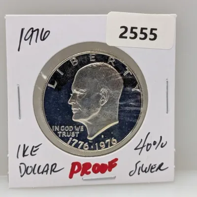Sale Photo Thumbnail #1046: 1976 Bicentennial Eisenhower silver proof dollar coin, 40% silver, housed in a cardboard flip holder.