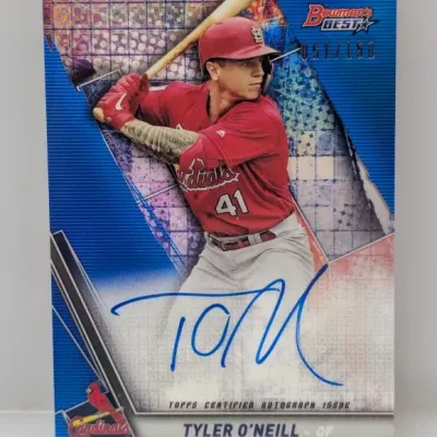 Sale Photo Thumbnail #278: Topps Certified Autograph Bowman's Best Tyler O'Neill baseball card, serial numbered 051/150.