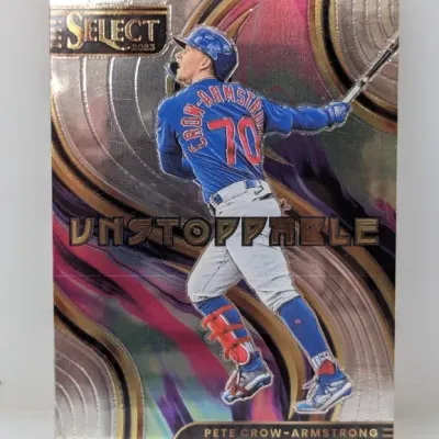 Sale Photo Thumbnail #453: 2023 Panini Select Baseball Pete Crow-Armstrong "Unstoppable" insert trading card.