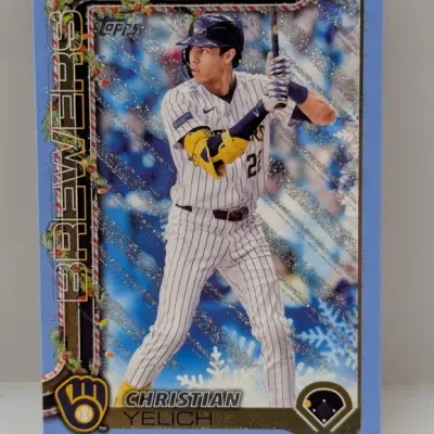 Sale Photo Thumbnail #698: Topps Holiday edition baseball trading card featuring Christian Yelich of the Milwaukee Brewers.