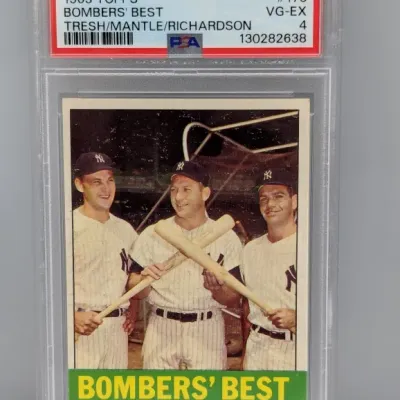 Sale Photo Thumbnail #291: PSA-graded 4 VG-EX 1963 Topps Bombers' Best baseball card #173, featuring Tom Tresh, Mickey Mantle, and Bobby Richardson of the New York Yankees.