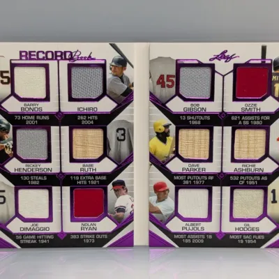 Sale Photo Thumbnail #12: Leaf Record Book multi-player booklet baseball card featuring jersey and bat relics from legends including Barry Bonds, Babe Ruth, and Nolan Ryan.
