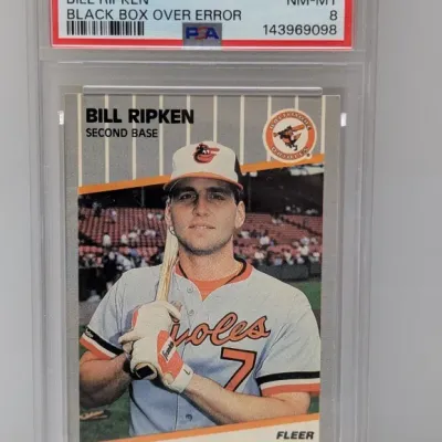 Sale Photo Thumbnail #230: PSA 8 graded 1989 Fleer Bill Ripken #616 baseball card featuring the Black Box Over Error variant.