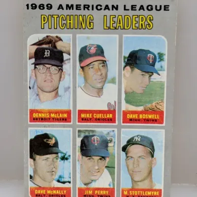 Sale Photo Thumbnail #693: 1970 Topps #61 1969 American League Pitching Leaders baseball card featuring Denny McLain, Mike Cuellar, Dave Boswell, Dave McNally, Jim Perry, and Mel Stottlemyre.