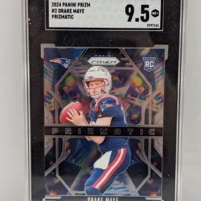 Sale Photo Thumbnail #145: SGC-graded 9.5 Mint+ 2024 Panini Prizm Prizmatic Drake Maye rookie trading card (#2) in protective slab.