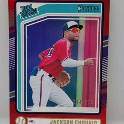 Sale Photo Thumbnail #350: Donruss Rated Prospect Jackson Chourio baseball card, serial numbered 244/275 with red border.