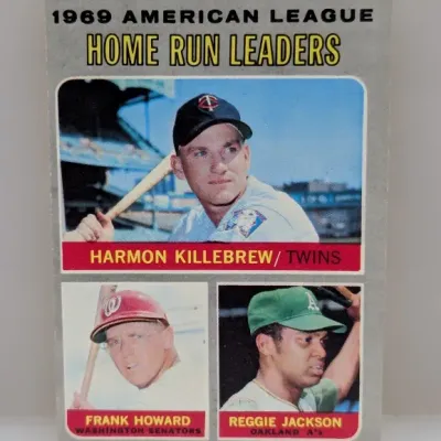 Sale Photo Thumbnail #664: 1970 Topps #61 1969 American League Home Run Leaders baseball card, featuring Harmon Killebrew, Frank Howard, and Reggie Jackson.