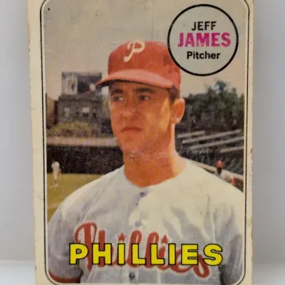 Sale Photo Thumbnail #723: 1969 Topps Jeff James baseball card #21, featuring the Philadelphia Phillies pitcher.