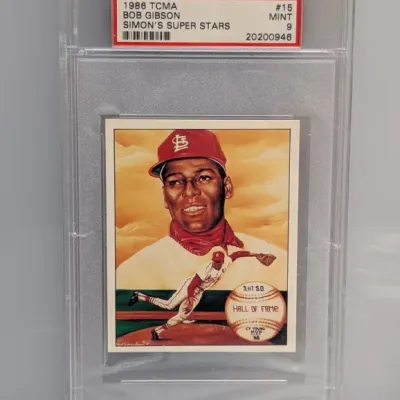 Sale Photo Thumbnail #9: PSA 9 Mint graded 1986 TCMA Simon's Super Stars #15 Bob Gibson baseball card in a protective protective slab.