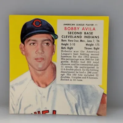 Sale Photo Thumbnail #451: 1954 Topps Bobby Avila #1 Cleveland Indians baseball card, featuring a bright yellow background and player stats.