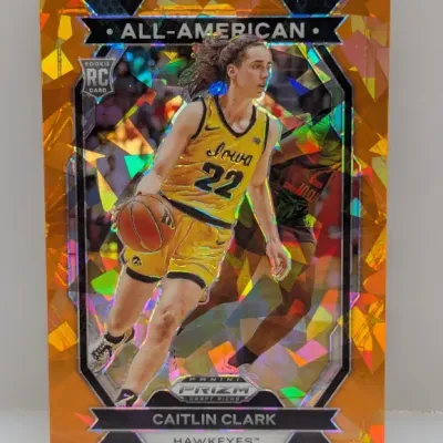 Sale Photo Thumbnail #339: Panini Prizm Draft Picks Caitlin Clark Iowa Hawkeyes All-American rookie trading card featuring an orange cracked ice parallel finish.