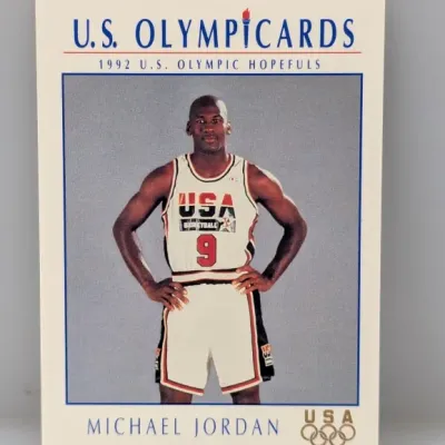 Sale Photo Thumbnail #447: 1991 Impel U.S. Olympicards Michael Jordan trading card, featuring the basketball star in his Team USA uniform.