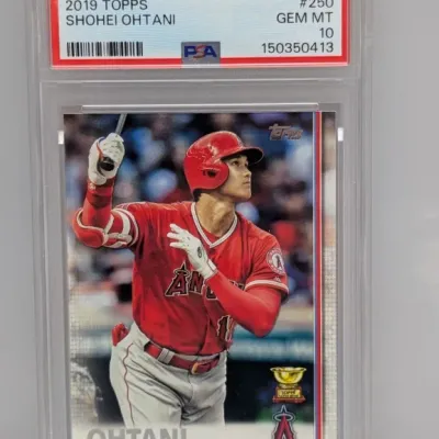 Sale Photo Thumbnail #47: PSA 10 Gem Mint graded 2019 Topps Shohei Ohtani #250 baseball card in a protective slab.