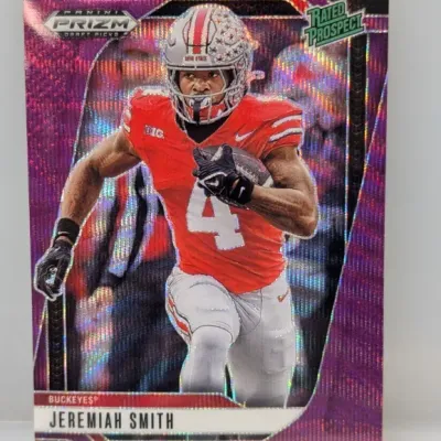 Sale Photo Thumbnail #131: Panini Prizm Draft Picks Rated Prospect Jeremiah Smith Ohio State Buckeyes football trading card with a purple wave Prizm refractor finish.