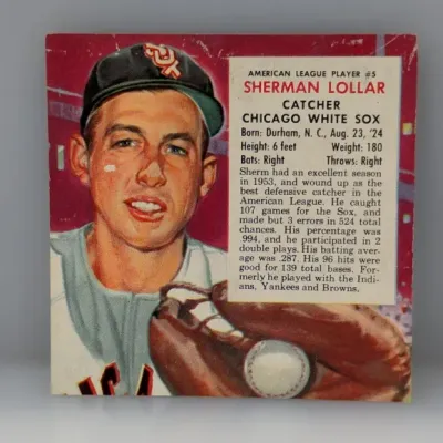 Sale Photo Thumbnail #466: 1954 Topps #5 Sherman Lollar baseball card, featuring the Chicago White Sox catcher with stats and biography printed on the front.