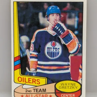 Sale Photo Thumbnail #220: 1981-82 O-Pee-Chee Wayne Gretzky 2nd Team All-Star hockey card #387 featuring the Edmonton Oilers legend.