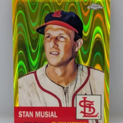 Sale Photo Thumbnail #442: Stan Musial Topps Chrome baseball trading card featuring a gold refractor background and St. Louis Cardinals logo.
