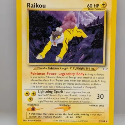 Sale Photo Thumbnail #807: Raikou 22/64 Pokémon trading card from the Neo Revelation set, copyright 2000.