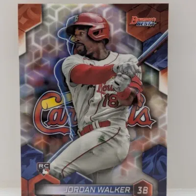 Sale Photo Thumbnail #532: Jordan Walker Bowman's Best rookie baseball card featuring the St. Louis Cardinals third baseman in a swinging stance.