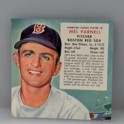Sale Photo Thumbnail #481: 1954 Bowman Mel Parnell #8 Boston Red Sox baseball card, featuring a painted portrait and player statistics.