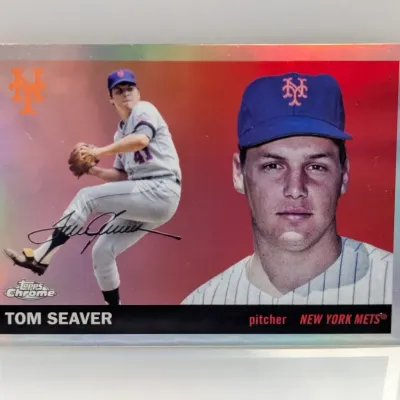 Sale Photo Thumbnail #231: Topps Chrome Tom Seaver New York Mets refractor trading card, featuring a facsimile signature and dual player photos.