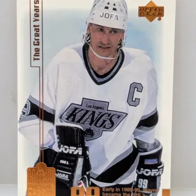 Sale Photo Thumbnail #785: 1990s Upper Deck Wayne Gretzky "The Great Years" hockey trading card featuring him in a Los Angeles Kings jersey.