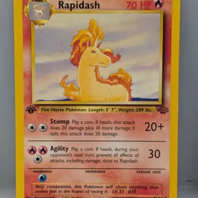 Sale Photo Thumbnail #620: Pokemon Jungle set 1st Edition Rapidash trading card, numbered 44/64, released in 1999.