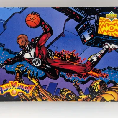 Sale Photo Thumbnail #435: 1992-93 Upper Deck Famination Agent 23 Michael Jordan basketball trading card, illustrated by Jim Lee.