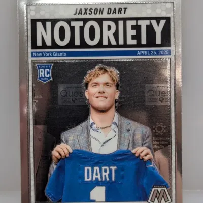 Sale Photo Thumbnail #71: Panini Mosaic Notoriety Jaxson Dart rookie football trading card in very good condition with a shiny silver border.