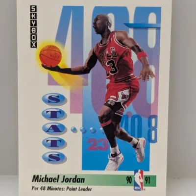 Sale Photo Thumbnail #507: 1990-91 SkyBox Michael Jordan basketball trading card #408, featuring the Chicago Bulls player in his home uniform.