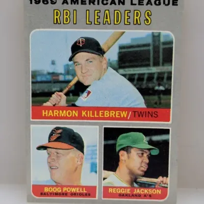 Sale Photo Thumbnail #643: 1970 Topps #61 1969 American League RBI Leaders baseball card featuring Harmon Killebrew, Boog Powell, and Reggie Jackson.