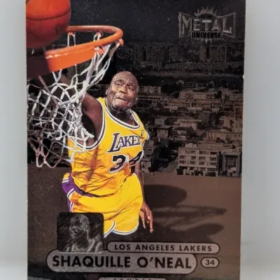Sale Photo Thumbnail #457: 1997-98 Metal Universe Shaquille O'Neal basketball card #34 featuring the Los Angeles Lakers center.