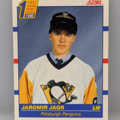 Sale Photo Thumbnail #461: 1990-91 Score Jaromir Jagr rookie hockey card (#15) featuring his 1990 First Round Draft Choice photo with the Pittsburgh Penguins.