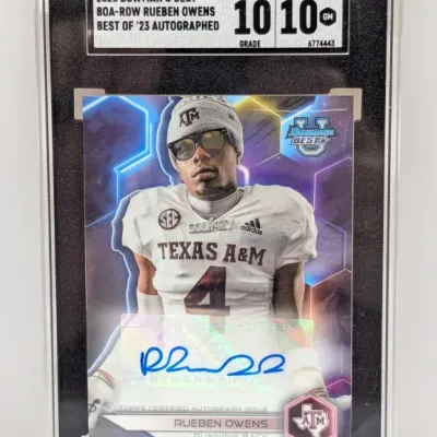 Sale Photo Thumbnail #107: SGC-graded 2023 Bowman U Best Rueben Owens Best of '23 autographed trading card, featuring a Gem Mint 10 card grade and 10 auto grade.