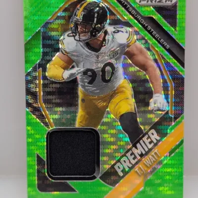 Sale Photo Thumbnail #944: Panini Prizm T.J. Watt Premier Jeresey relic trading card featuring a vibrant green Pulsar parallel design.