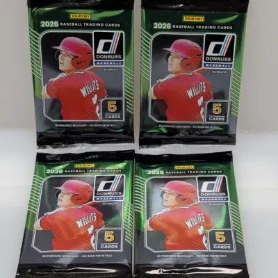 Sale Photo Thumbnail #522: Four unopened foil packs of 2024 Panini Donruss Baseball trading cards, each containing five cards.