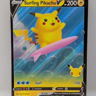 Sale Photo Thumbnail #592: Surfing Pikachu V holographic Pokémon trading card from the 25th Anniversary Celebrations set, numbered 008/025.
