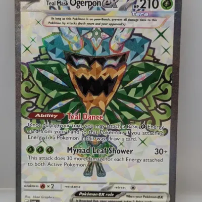 Sale Photo Thumbnail #125: Teal Mask Ogerpon ex Ultra Rare holographic Pokémon trading card from the Twilight Masquerade set, card number 190/167.