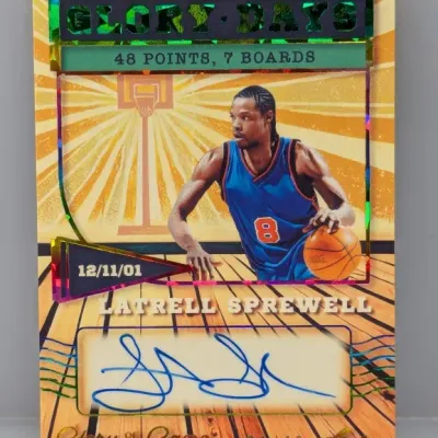 Sale Photo Thumbnail #395: Leaf Glory Days Latrell Sprewell autographed basketball card, numbered 01/15, featuring foil accents and a highlighted game stat from 12/11/01.