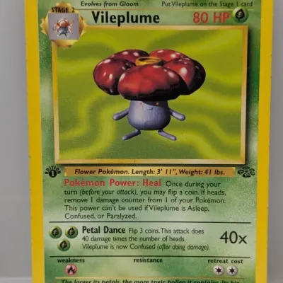 Sale Photo Thumbnail #394: 1st Edition Vileplume Pokémon trading card (#31/64) from the 1999 Jungle set.