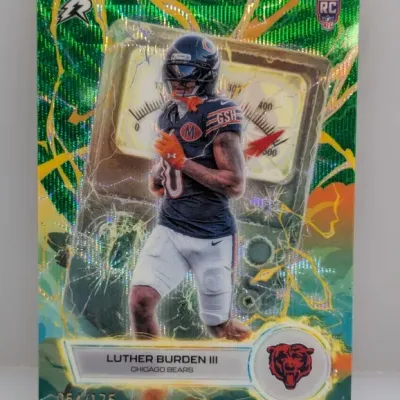 Sale Photo Thumbnail #46: Luther Burden III Chicago Bears rookie trading card, serial numbered 054/175, featuring a green holographic crackle foil finish.