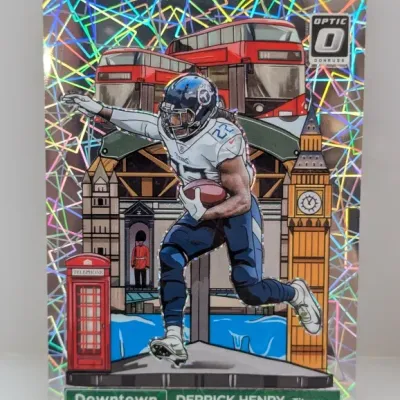 Sale Photo Thumbnail #19: Panini Donruss Optic Derrick Henry Downtown insert trading card featuring London-themed illustrations and a laser mosaic foil finish.