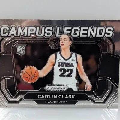 Sale Photo Thumbnail #158: Panini Prizm Draft Picks Campus Legends Caitlin Clark rookie card featuring her in an Iowa Hawkeyes uniform.