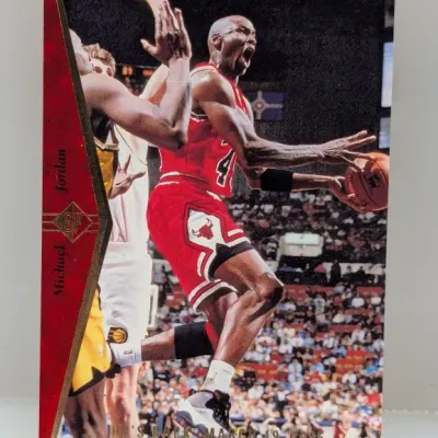 Sale Photo Thumbnail #597: 1995 Upper Deck SP Michael Jordan "He's Back March 19, 1995" basketball card, featuring Jordan in his number 45 jersey.